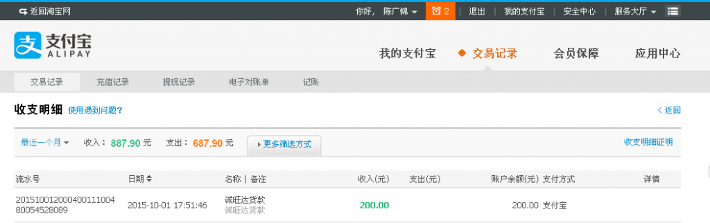 10月1日東莞誠旺達(dá)白鐵匯款200元至支付寶