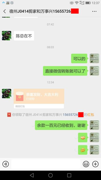 4月20日宿州客戶轉賬100元至微信賬戶